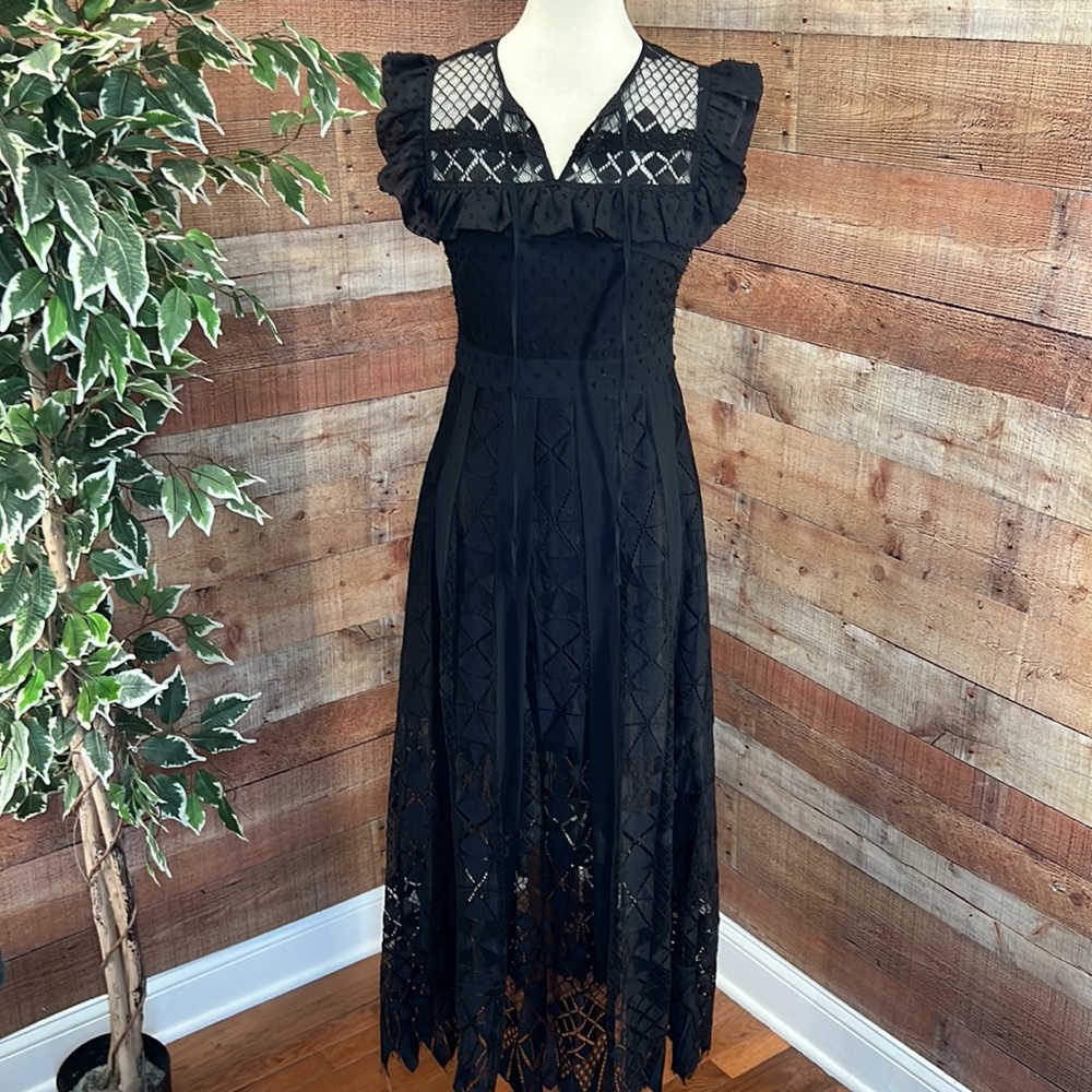 FOXIEDOX Black Lace and Ruffle Scarf Hemline Dress Sz XS
